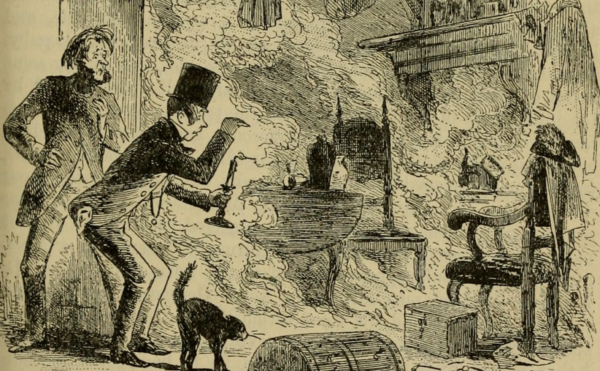 Sepia tone cartoon drawing of two men looking at plumes of smoke inside a sitting room